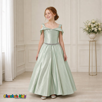 Sage Green girls silk satin ball gown dress for weddings and formal occasions, style 437