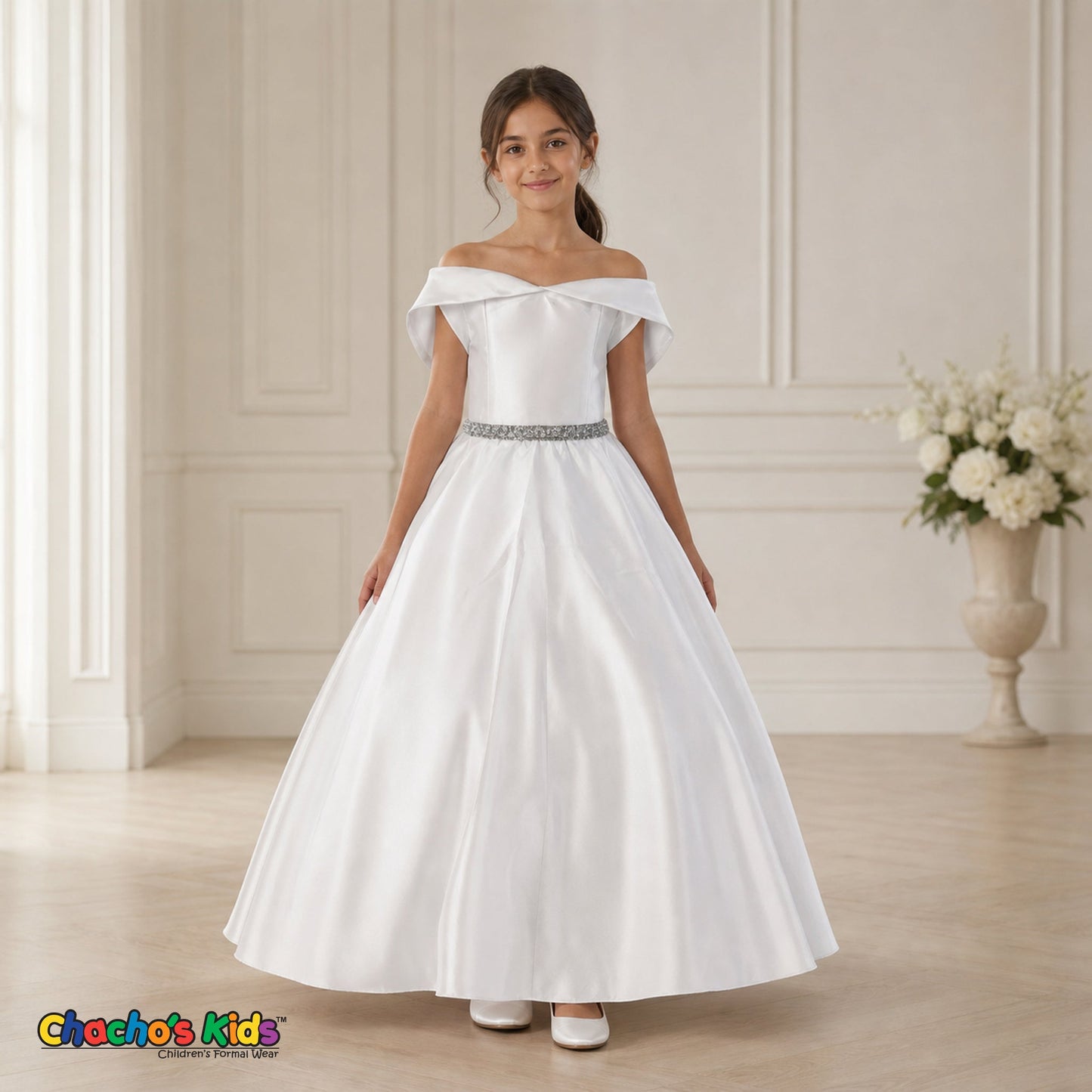 White girls silk satin ball gown dress for weddings and formal occasions, style 437