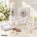 Girls silver Virgin Mary baptism set with white flowers and silver-edged cloth
