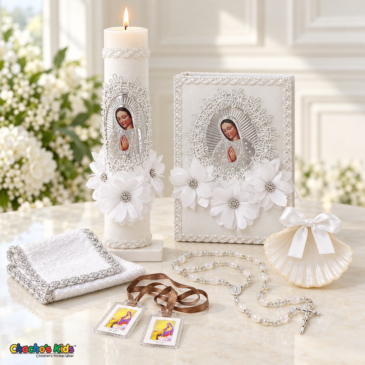 Girls silver Virgin Mary baptism set with white flowers and silver-edged cloth