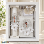 Girls silver Virgin Mary baptism set in upright gift box