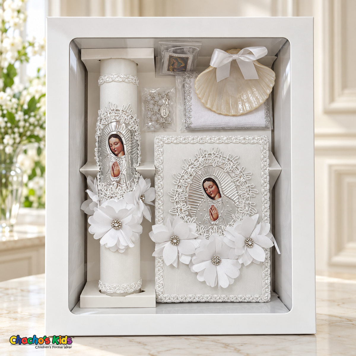 Girls silver Virgin Mary baptism set in upright gift box