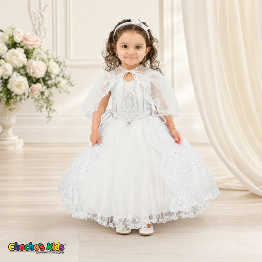 Girls white three-piece baptism dress with embroidered cape, front view