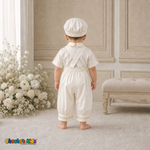 Ivory Jeweled Cross Baptism Outfit back view with crossed suspenders, style 0400 - Chacho's Kids