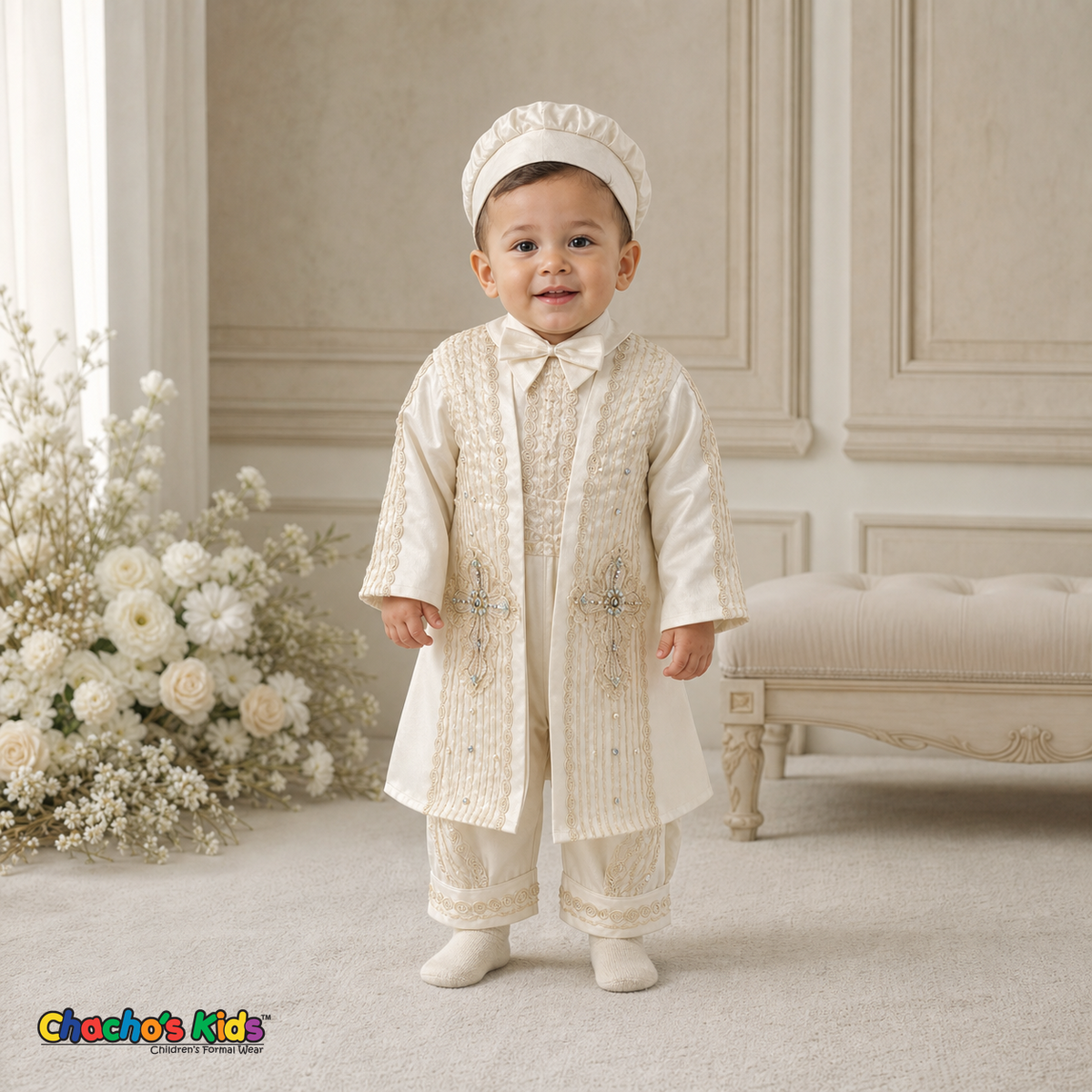Ivory Jeweled Cross Baptism Outfit for boys with embroidered long vest, style 0400 - Chacho's Kids