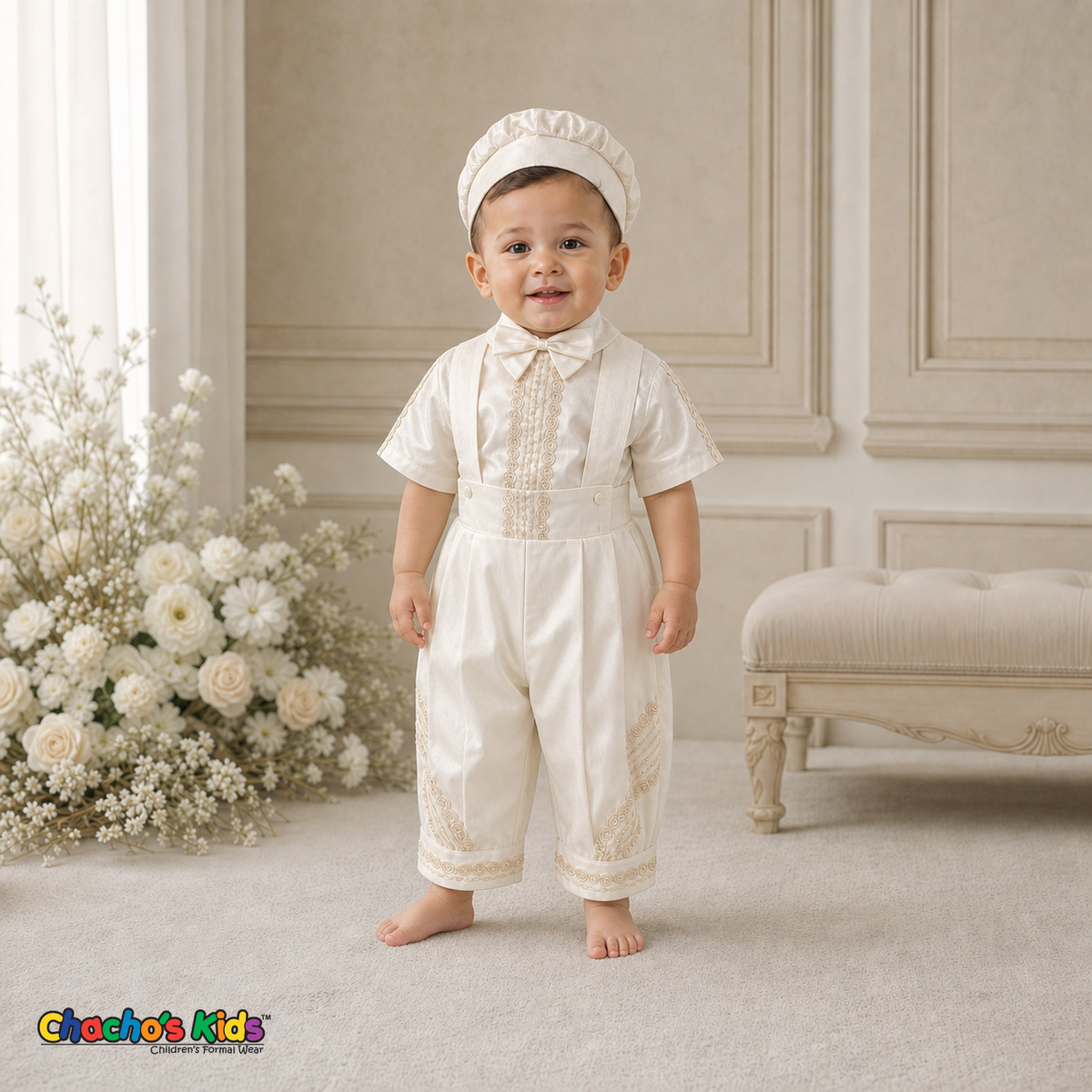 Ivory Jeweled Cross Baptism Outfit without embroidered long vest, front view, style 0400 - Chacho's Kids