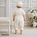 Ivory Spanish Heirloom Baptism Outfit back view with crossed suspenders, style 0403 - Chacho's Kids