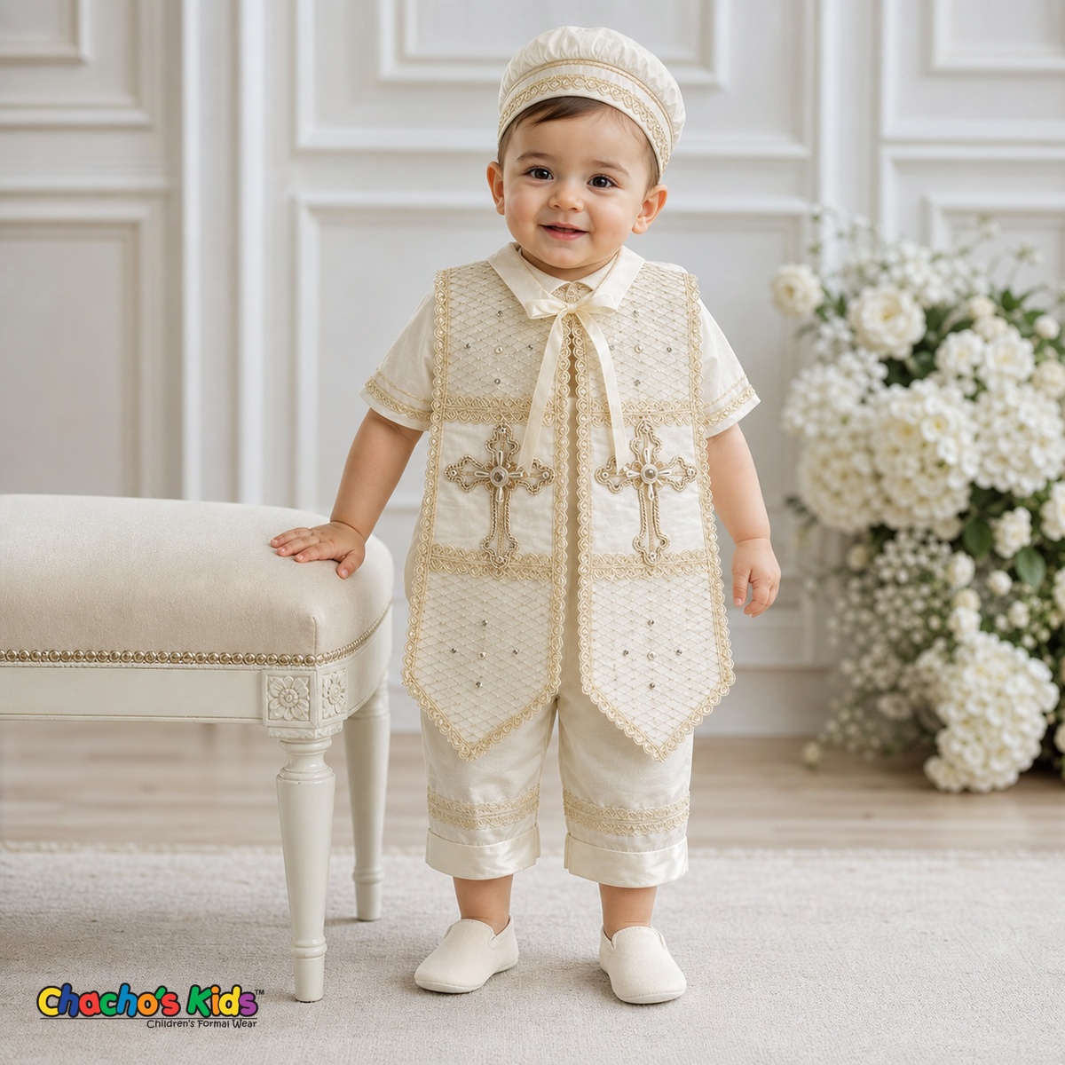 Baby boy wearing Ivory Spanish Heirloom Baptism Outfit for christening ceremonies, style 0403 - Chacho's Kids