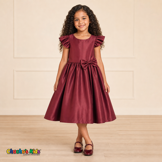 Girl wearing burgundy satin flower girl dress with bow, flutter sleeves and full skirt