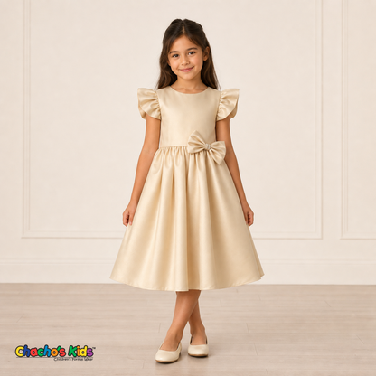 Girl wearing champagne satin flower girl dress with bow, flutter sleeves and full skirt