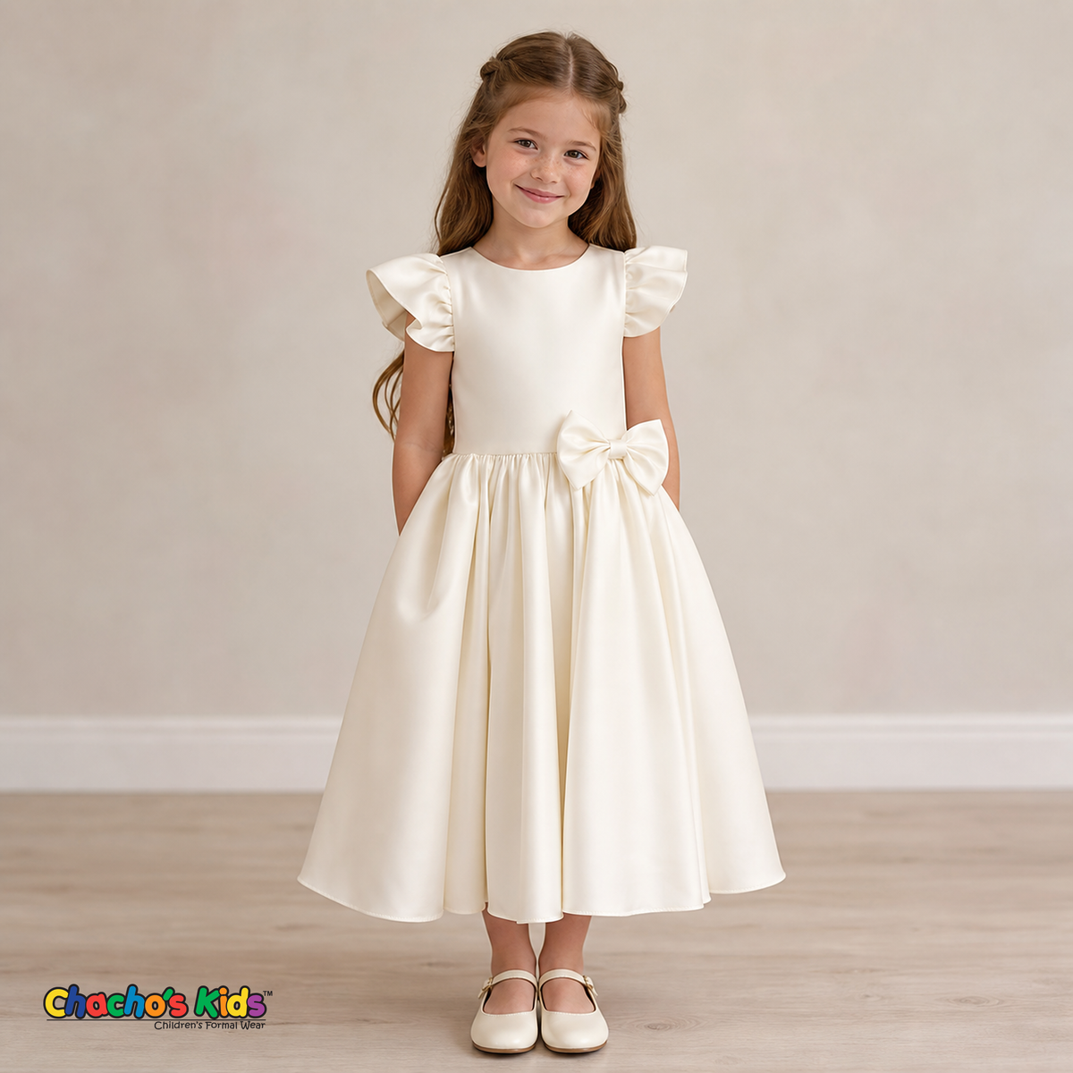 Girl wearing ivory satin flower girl dress with bow, flutter sleeves and full skirt