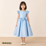 Girl wearing light blue satin flower girl dress with bow, flutter sleeves and full skirt