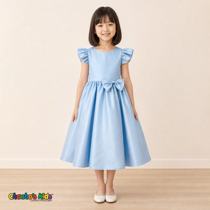 Girl wearing light blue satin flower girl dress with bow, flutter sleeves and full skirt