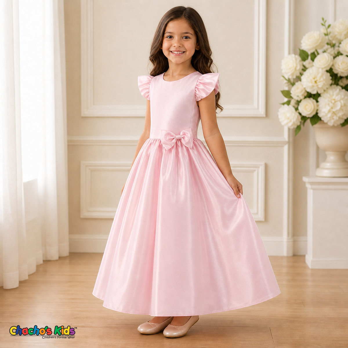 Girl wearing pink satin party and flower girl dress with flutter sleeves and full skirt, three-quarter view