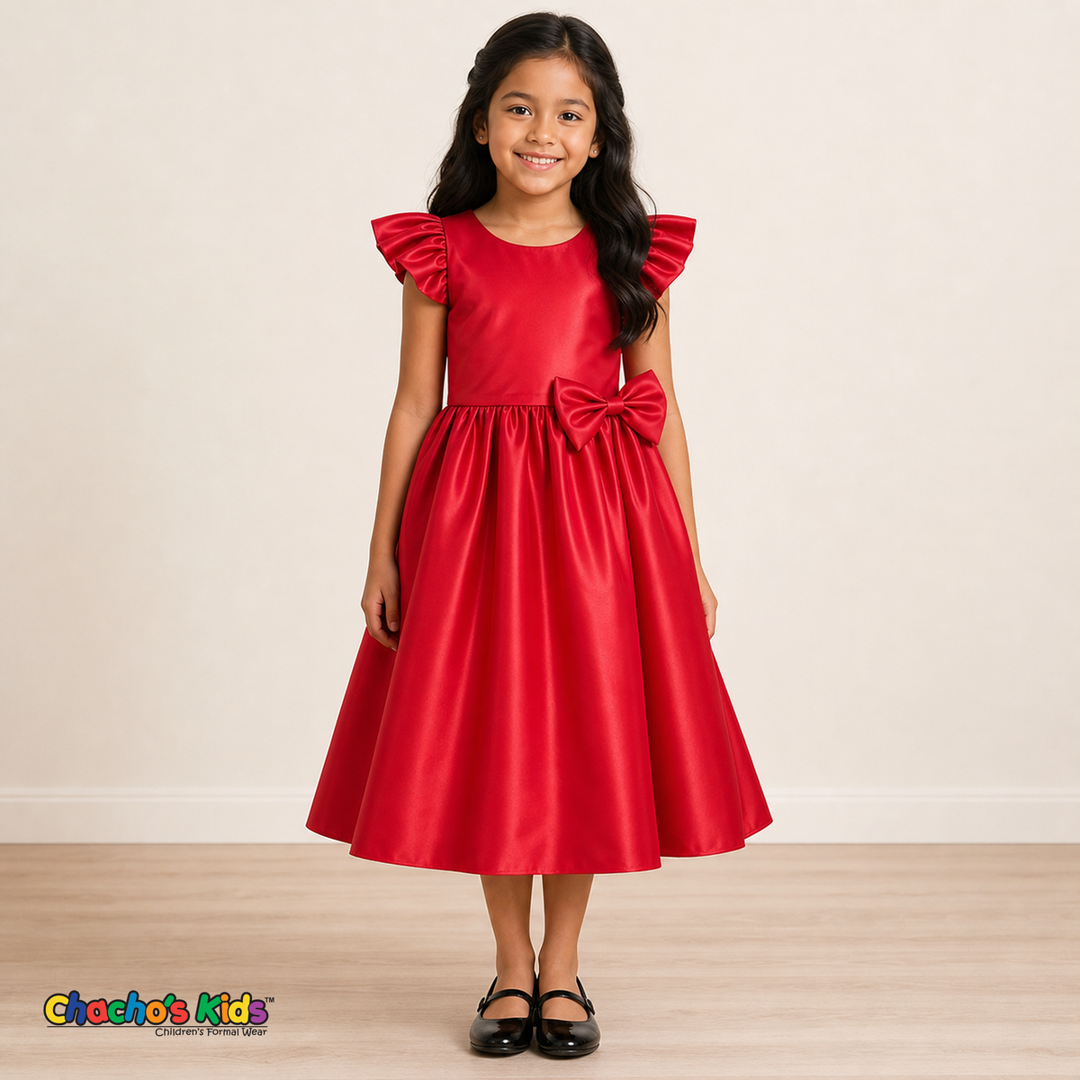Girl wearing red satin flower girl dress with bow, flutter sleeves and full skirt