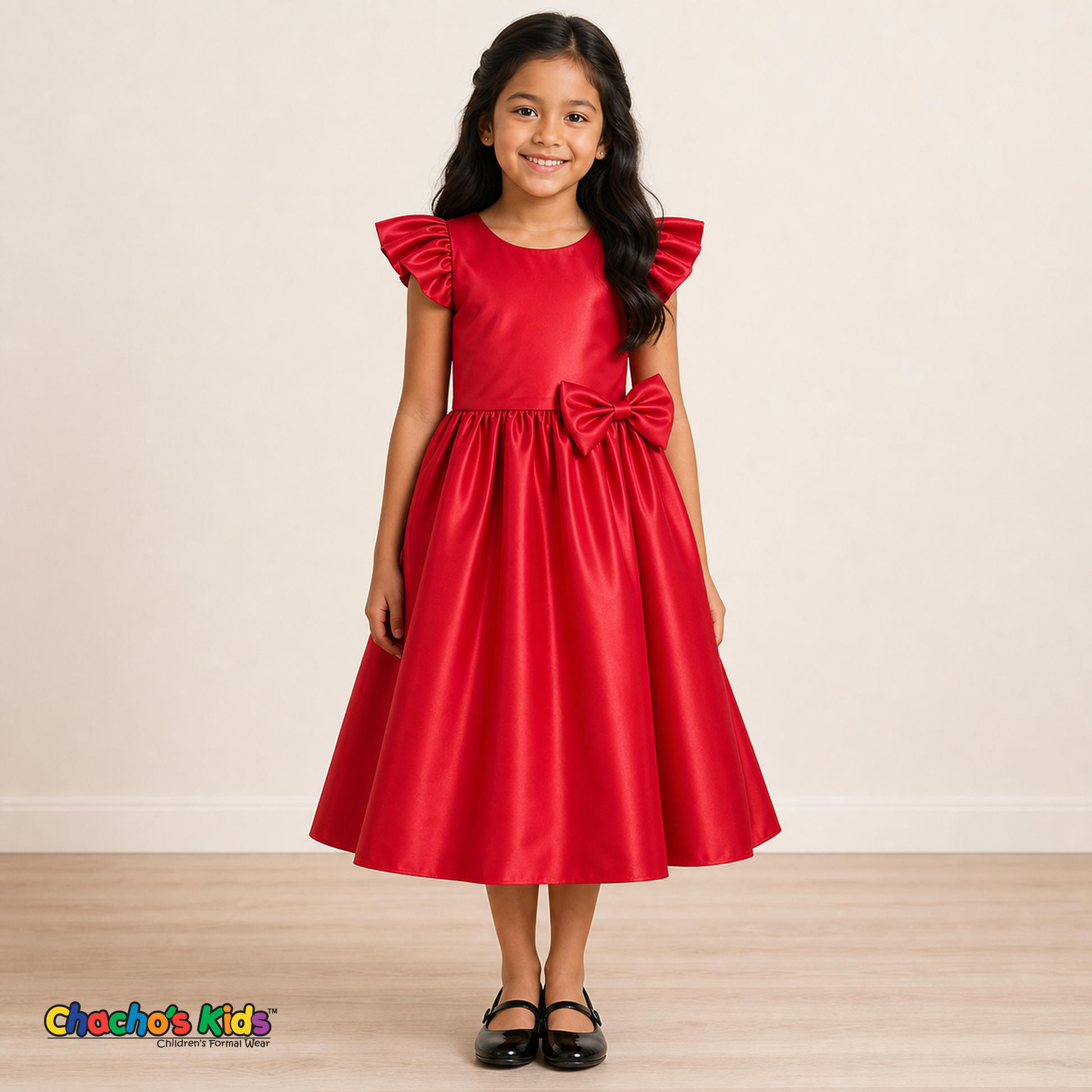 Girl wearing red satin flower girl dress with bow, flutter sleeves and full skirt