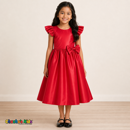 Girl wearing red satin flower girl dress with bow, flutter sleeves and full skirt