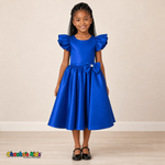 Girl wearing royal blue satin flower girl dress with bow, flutter sleeves and full skirt