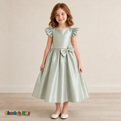 Girl wearing sage green satin flower girl dress with bow, flutter sleeves and full skirt