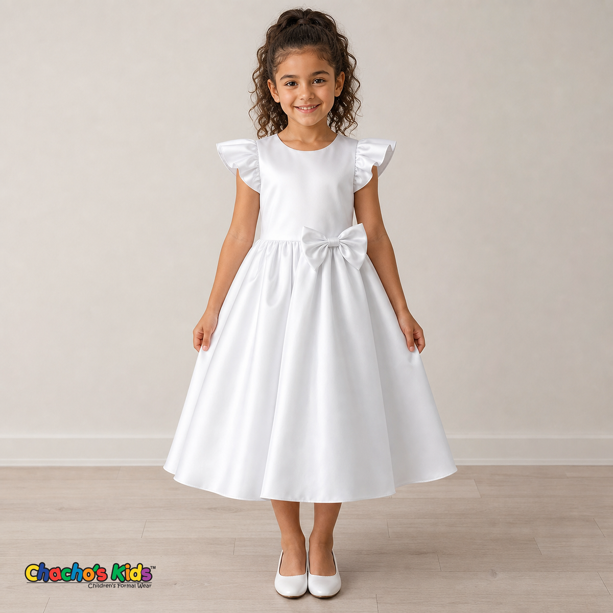 Girl wearing white satin flower girl dress with bow, flutter sleeves and full skirt