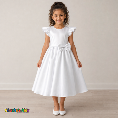 Girl wearing white satin flower girl dress with bow, flutter sleeves and full skirt