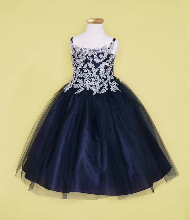 Party / Flower Girl Dress (D-778-Big)-Girls-Navy/Silver-14-Chacho's Kids