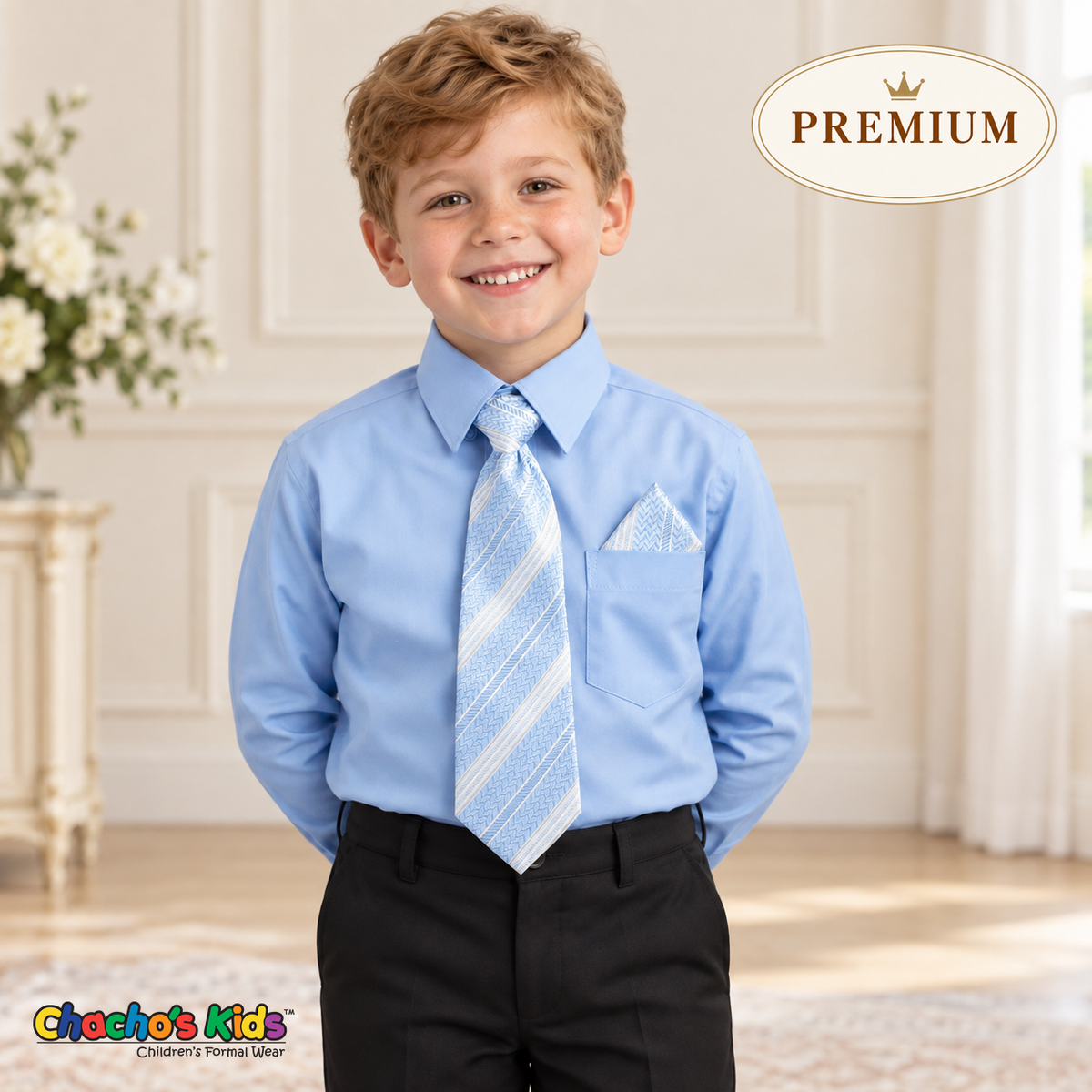 Boy wearing a premium baby blue dress shirt with a matching blue-and-white patterned tie and triangular pocket square, tucked into black dress pants.