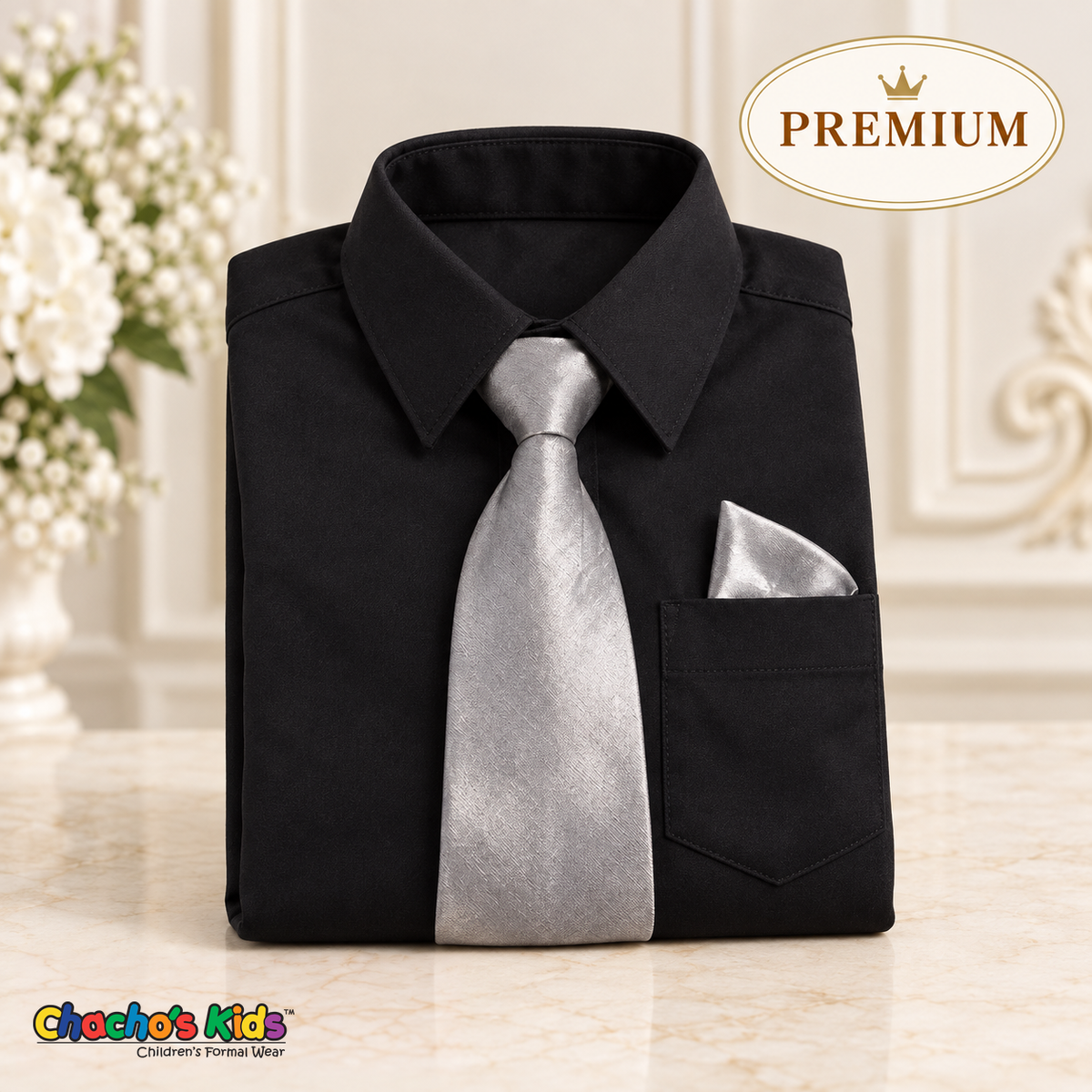 Neatly folded premium black boys dress shirt with a silver satin tie and triangular silver pocket square on an elegant ivory display.