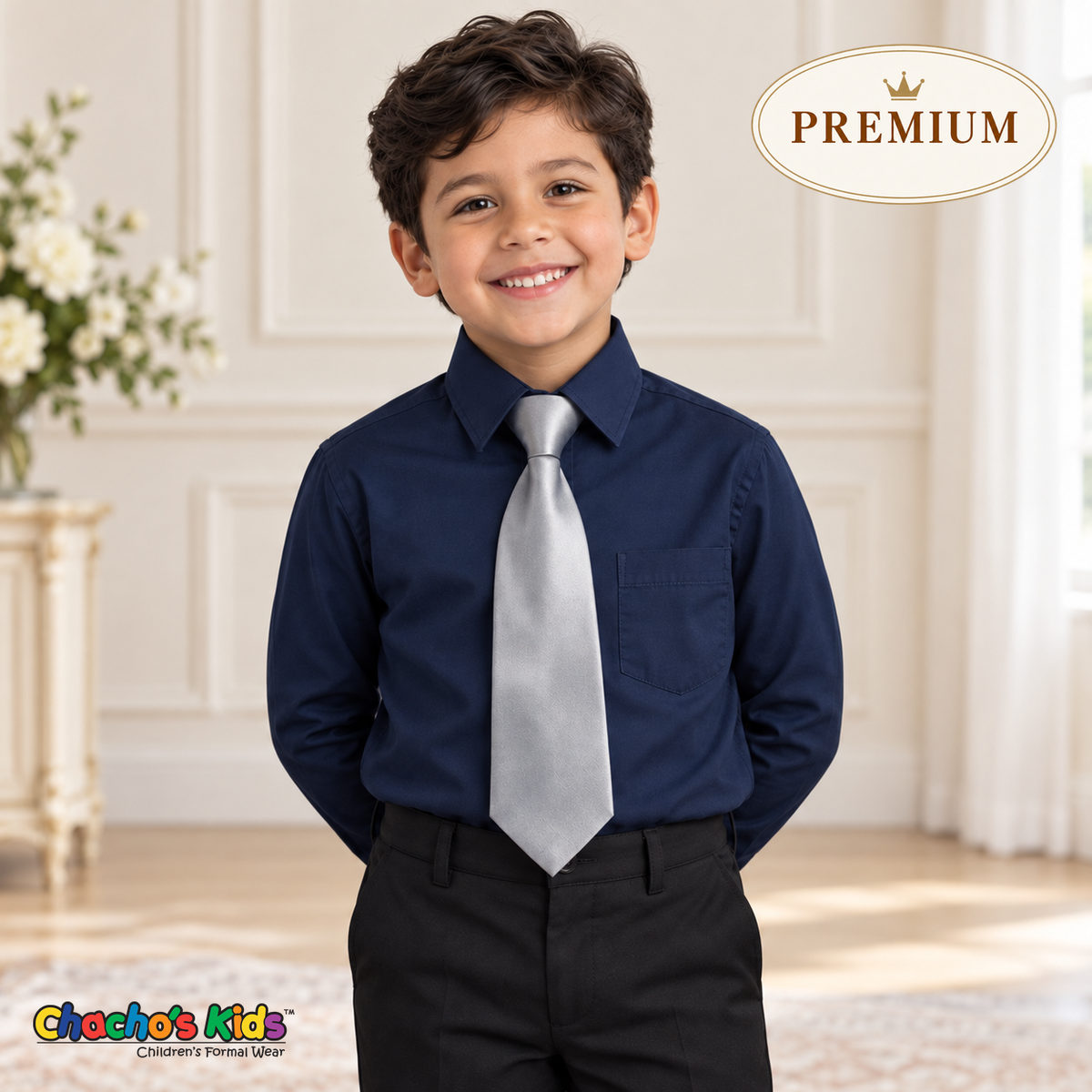 Boy wearing a premium slim-fit navy blue dress shirt with a silver satin tie, tucked into black dress pants.