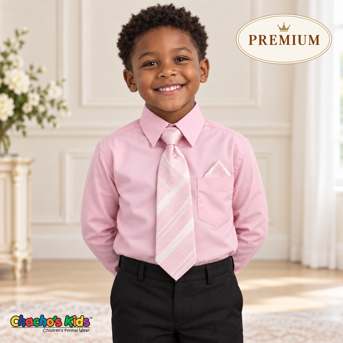 Boy wearing a premium pink dress shirt with a matching pink-and-white patterned tie and triangular pocket square, tucked into black dress pants.