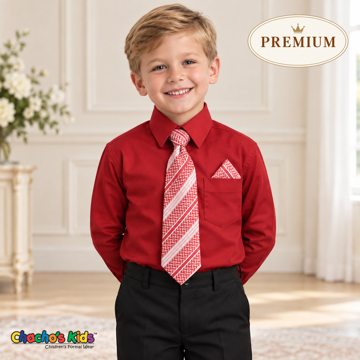 Boy wearing a premium red dress shirt with a red-and-white patterned tie and triangular pocket square, tucked into black dress pants.