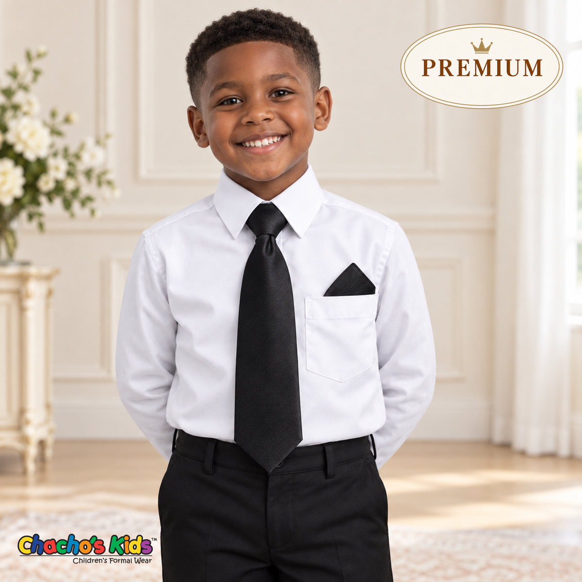 Boy wearing a premium white dress shirt with a black satin tie and triangular black pocket square, tucked into black dress pants.
