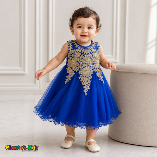 Baby wearing Royal Blue Baby Embroidered Tulle Dress for weddings and parties, style 9004m - Chacho's Kids
