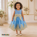 Baby Blue Sophie luxury girls party dress with gold lace and glitter tulle modeled by a child - Chacho's Kids