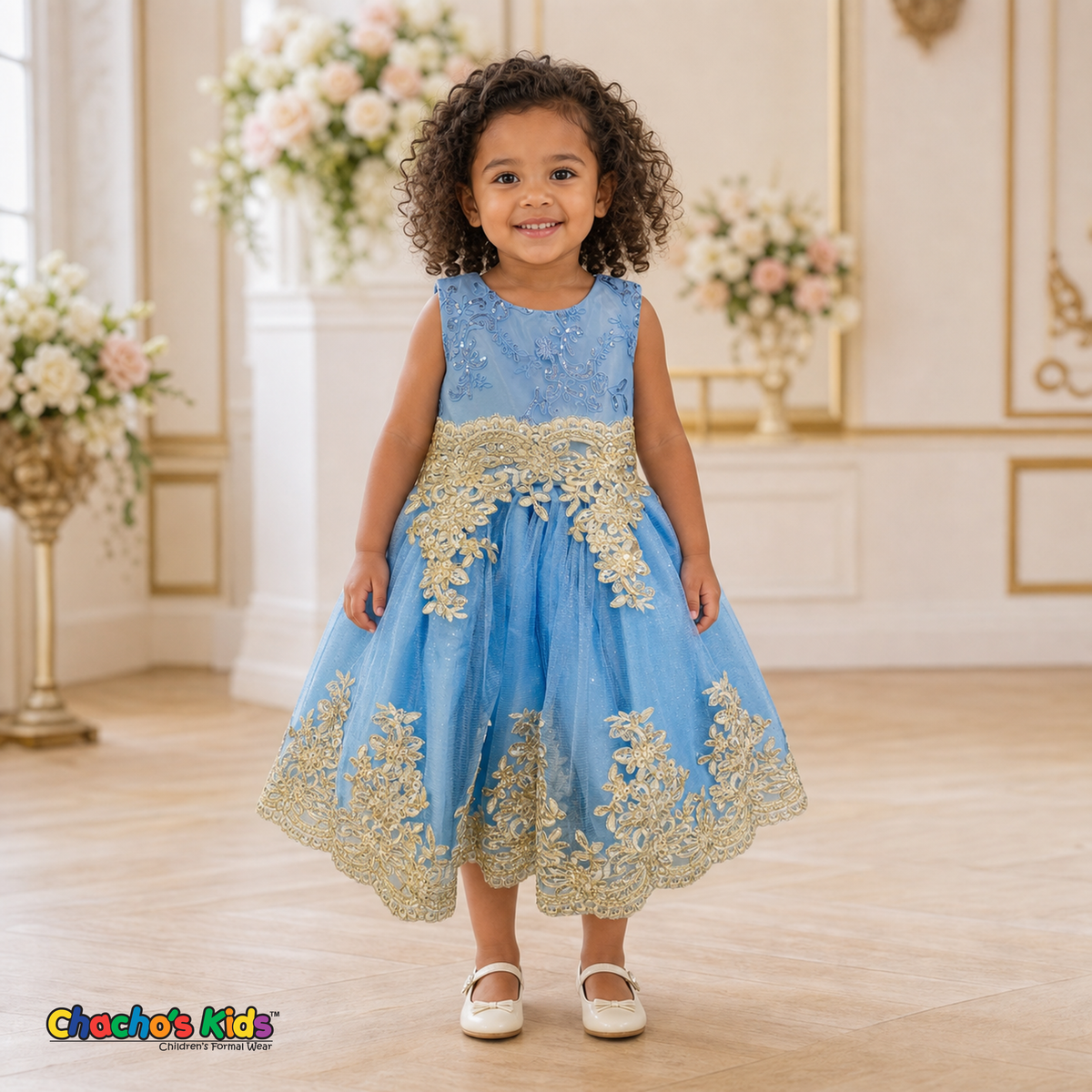 Baby Blue Sophie luxury girls party dress with gold lace and glitter tulle modeled by a child - Chacho's Kids