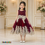 Burgundy Sophie luxury girls party dress with gold lace and glitter tulle modeled by a child - Chacho's Kids