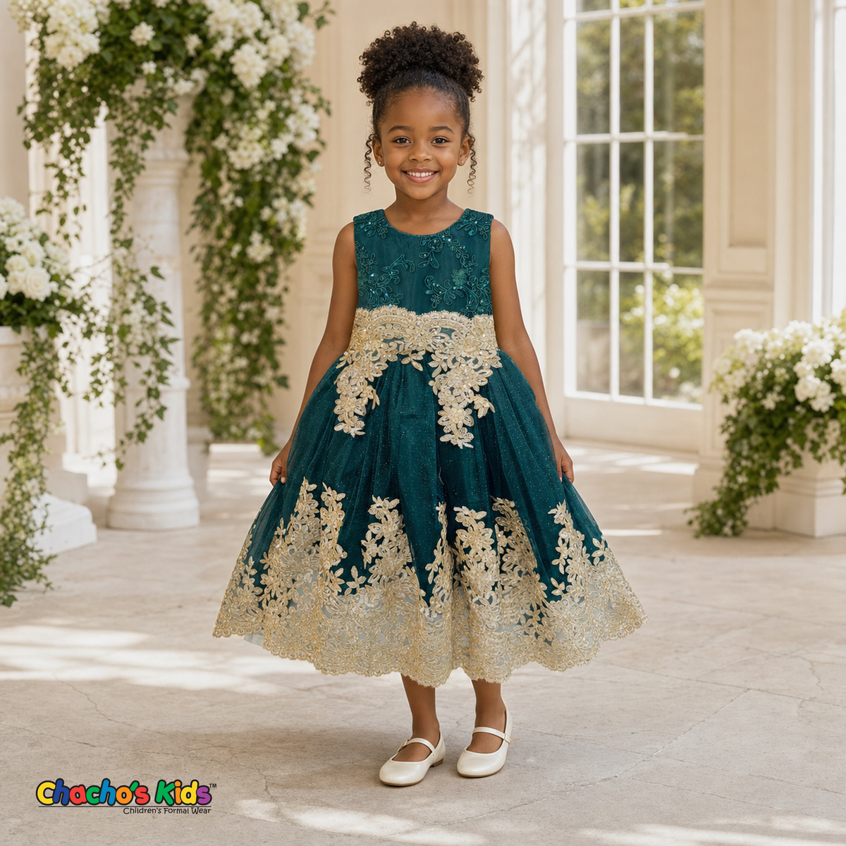 Emerald Green Sophie luxury girls party dress with gold lace and glitter tulle modeled by a child - Chacho's Kids
