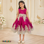 Fuchsia Sophie luxury girls party dress with gold lace and glitter tulle modeled by a child - Chacho's Kids