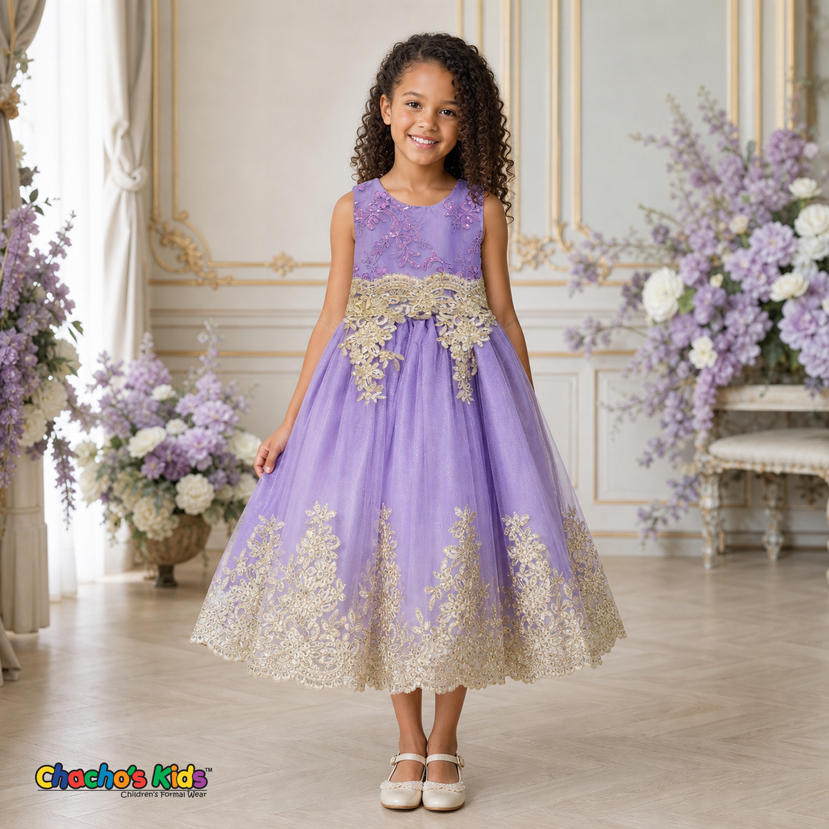 Lilac Sophie luxury girls party dress with gold lace and glitter tulle modeled by a child - Chacho's Kids