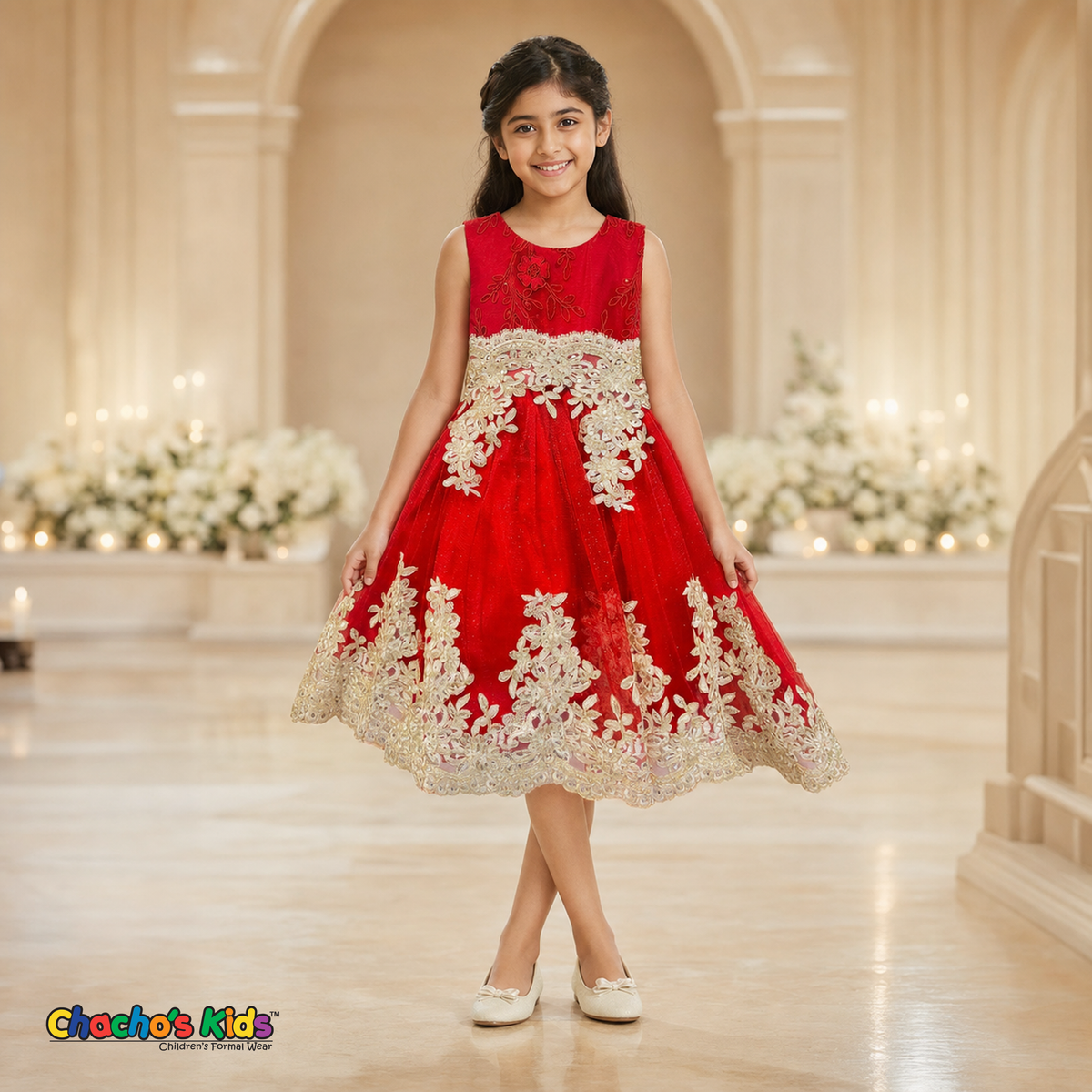 Red Sophie luxury girls party dress with gold lace and glitter tulle modeled by a child - Chacho's Kids
