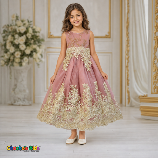 Rose Gold Sophie luxury girls party dress with gold lace and glitter tulle modeled by a child - Chacho's Kids