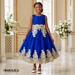 Royal Blue Sophie luxury girls party dress with gold lace and glitter tulle modeled by a child - Chacho's Kids