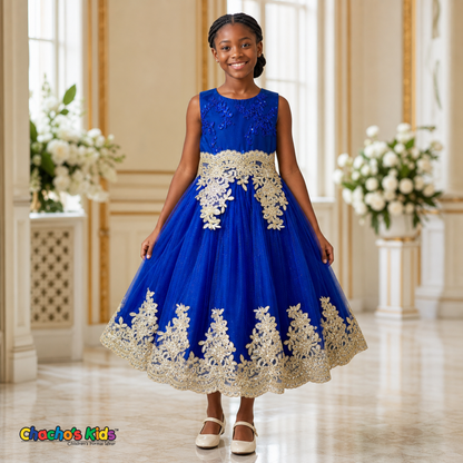 Royal Blue Sophie luxury girls party dress with gold lace and glitter tulle modeled by a child - Chacho's Kids