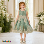 Sage Green Sophie luxury girls party dress with gold lace and glitter tulle modeled by a child - Chacho's Kids