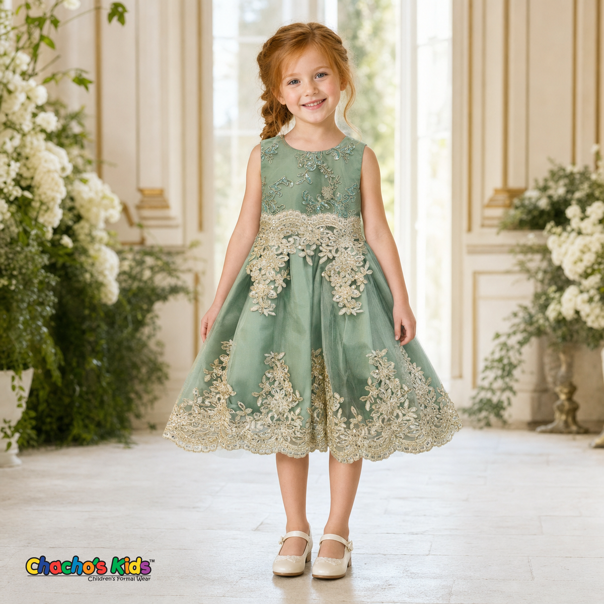 Sage Green Sophie luxury girls party dress with gold lace and glitter tulle modeled by a child - Chacho's Kids