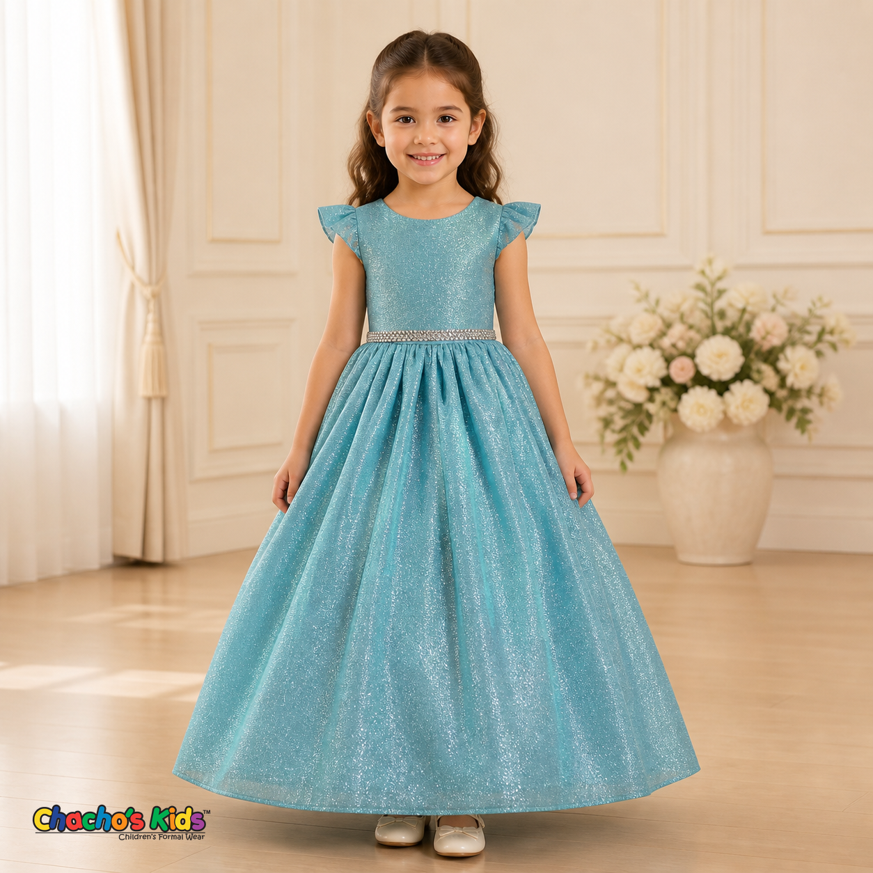 Girls Aqua Blue shimmer party and flower girl dress SS3060 | Chacho’s Kids