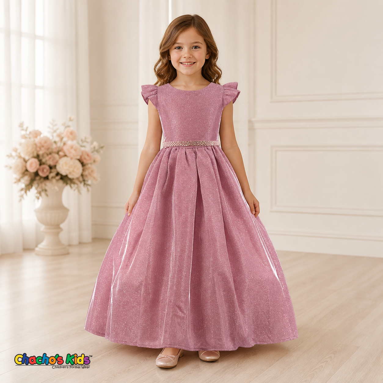 Girls Dusty Pink shimmer party and flower girl dress SS3060 | Chacho’s Kids