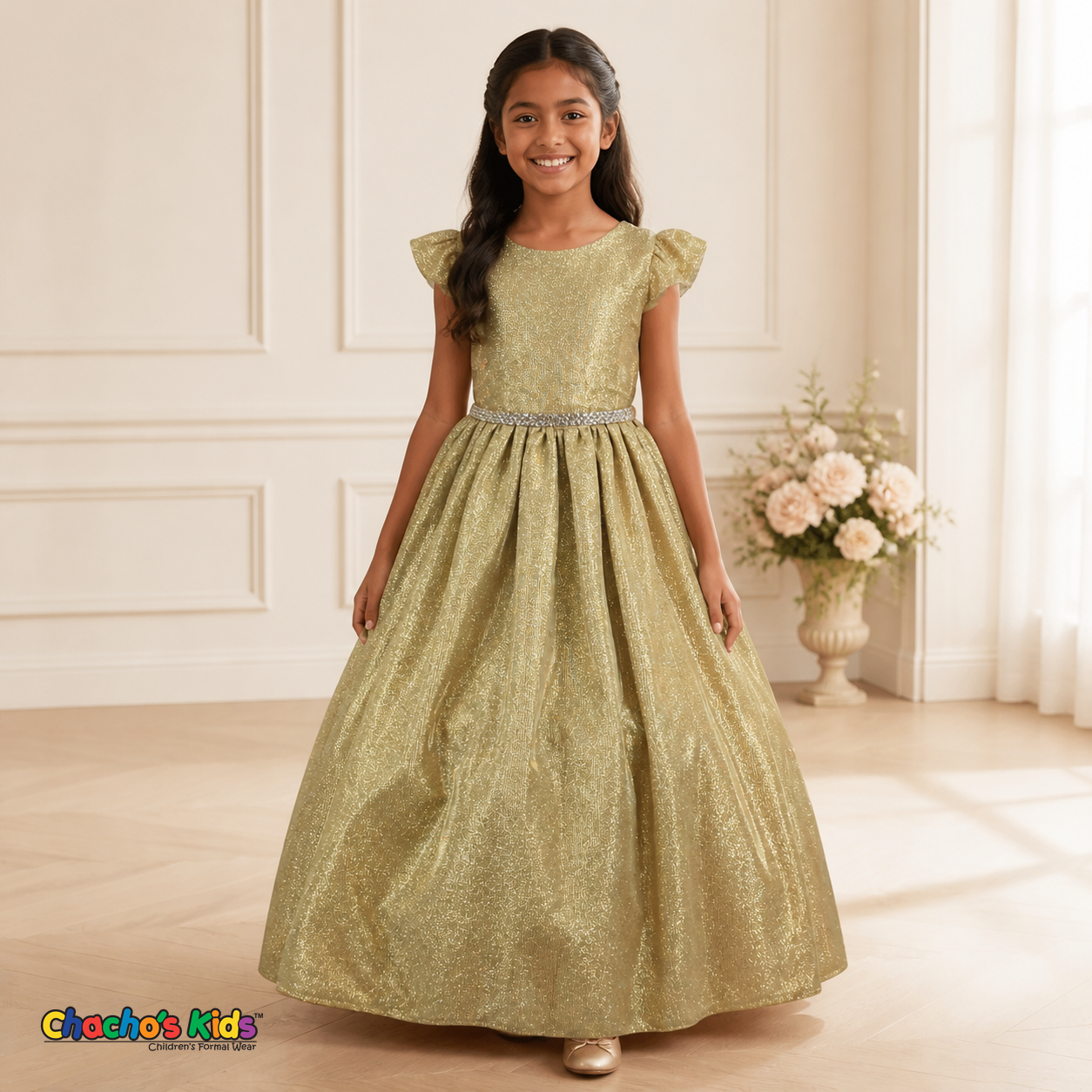 Girls Metallic Gold shimmer party and flower girl dress SS3060 | Chacho’s Kids