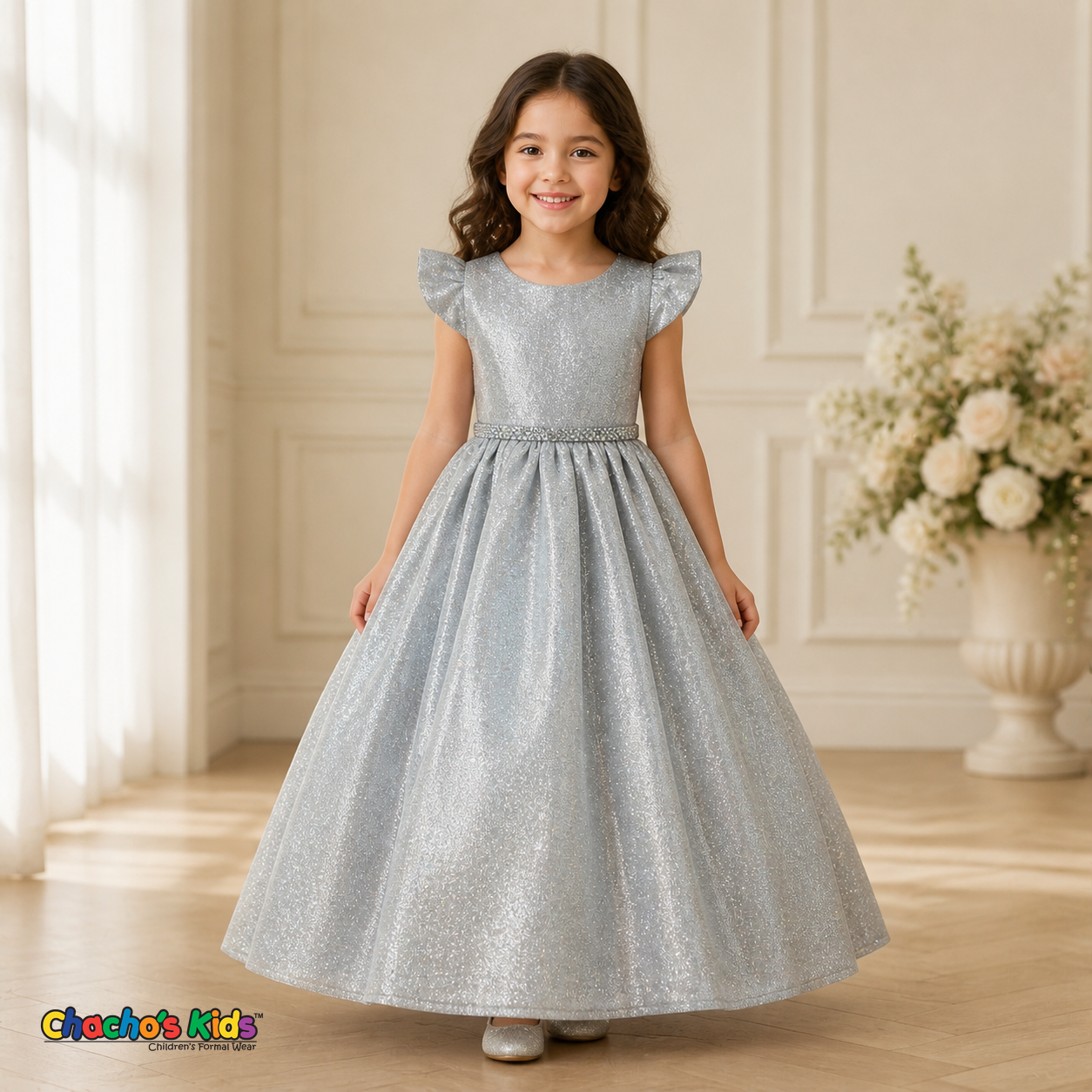 Girls Silver shimmer party and flower girl dress SS3060 | Chacho’s Kids