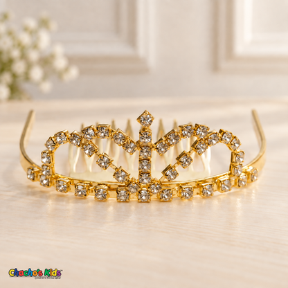 Girls Princess Tiara (TR-723) in gold, full front view with clear rhinestones and built-in hair comb.